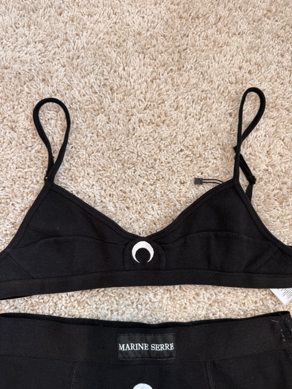 Marine Serre Black Crescent Moon Ribbed Bralette & High-Waist Brief Set View 5